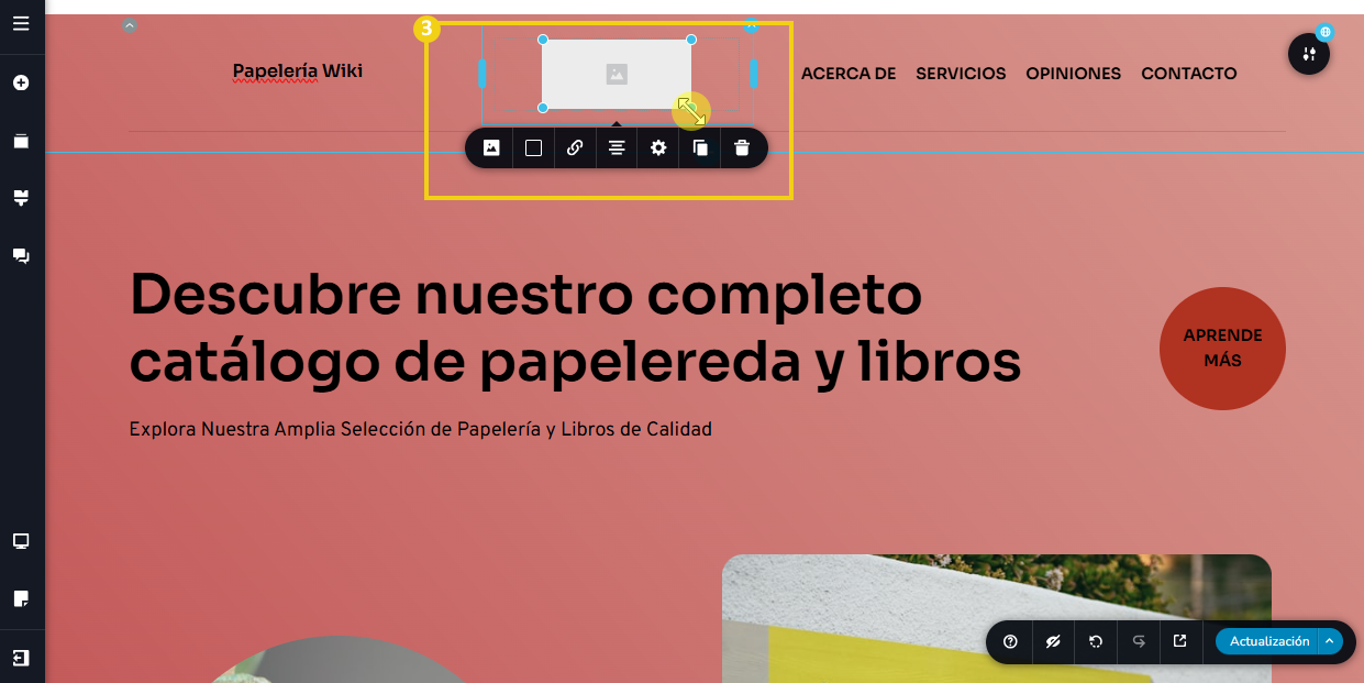 La imagen muestra el editor del Creador de Sitios con el recurso de imagen añadido y la posibilidad de ajustar su tamaño arrastrando los bordes.