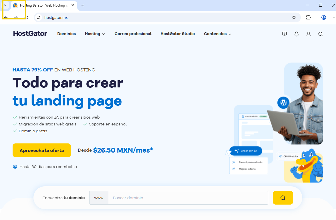 Imagen muestra el sitio de HostGator con la marcación en el favicon que es mostrado
