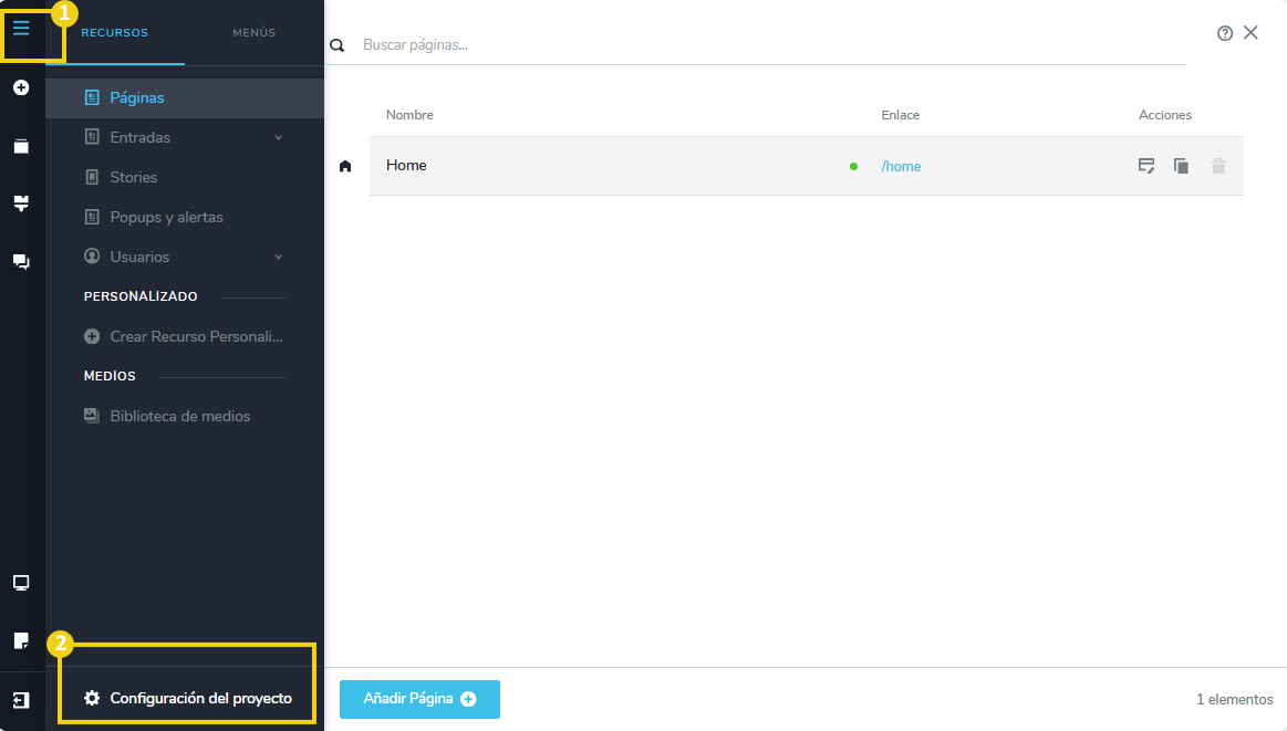 Imagen muestra el panel del editor con la marcación en el ícono de tres líneas y también en "Configuraciones del proyecto"