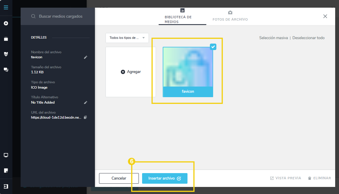 Imagen muestra el panel editor del Creador de sitios con la pantalla con el archivo cargado en la plataforma