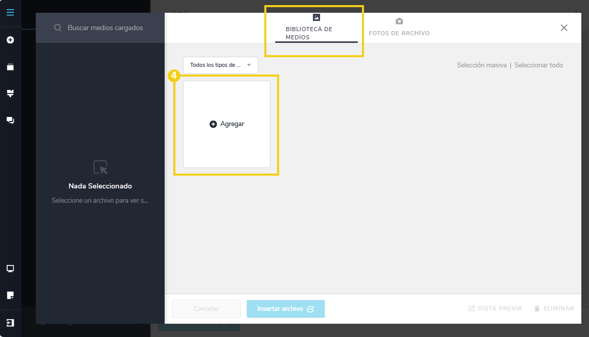 Imagen muestra el panel editor del Creador de sitios con la pantalla en la que se debe acceder a los archivos de su dispositivo