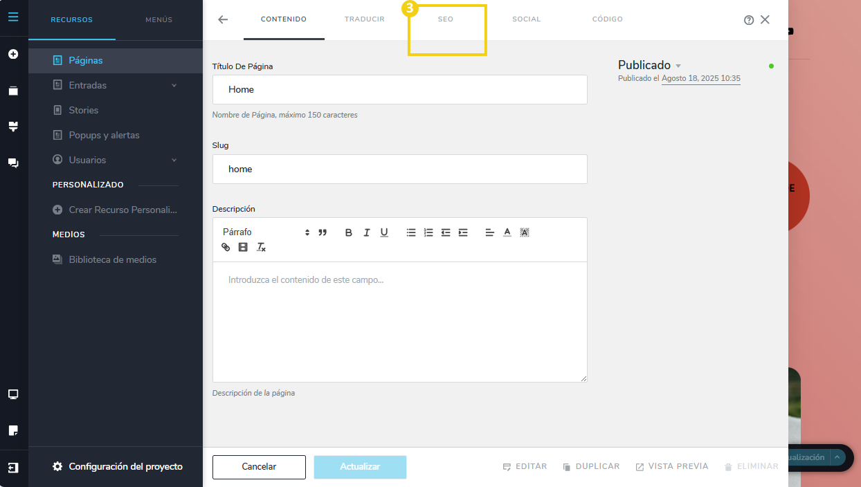 Imagen muestra la pantalla del editor del Creador de sitios con la marcación en la pestaña SEO