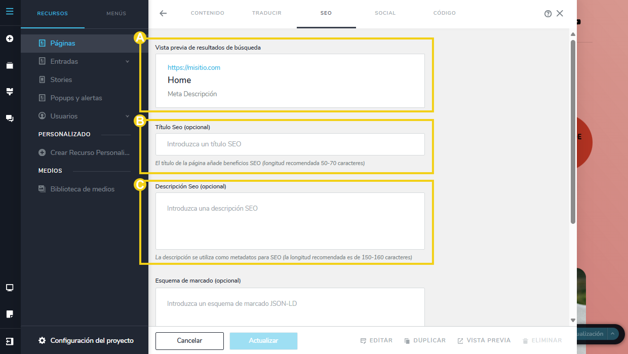 Imagen muestra la pantalla del editor del Creador de sitios con la marcación en los campos de configuración del SEO