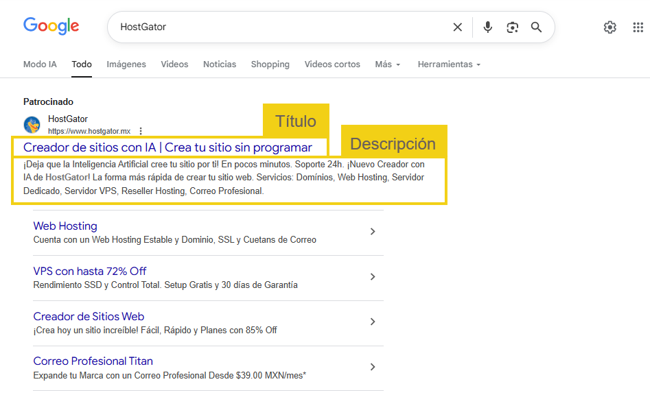 Imagen muestra la pantalla de Google como resultado de búsqueda a HostGator, con las marcas en lo que es título y descripción SEO