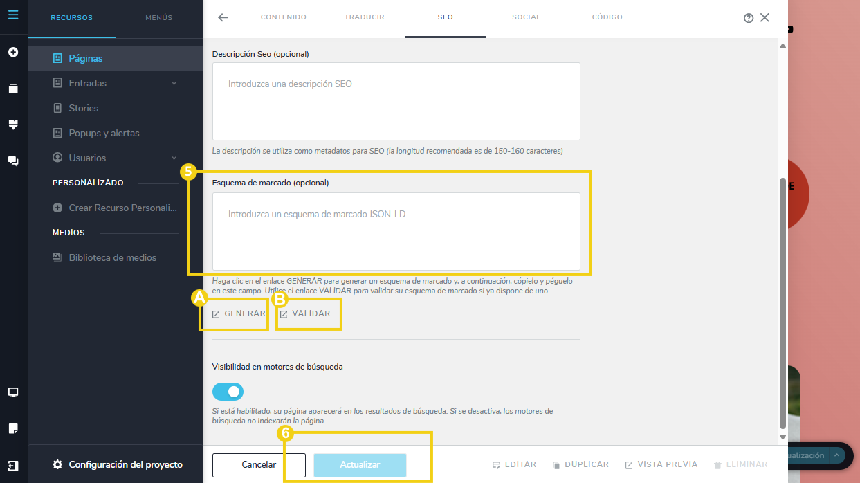 Imagen muestra la pantalla del editor del Creador de sitios con la marcación en los campos de configuración del SEO