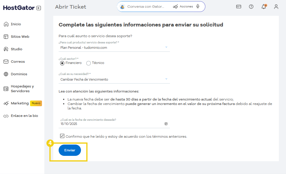 La imagen muestra en destaque el botón "Enviar"