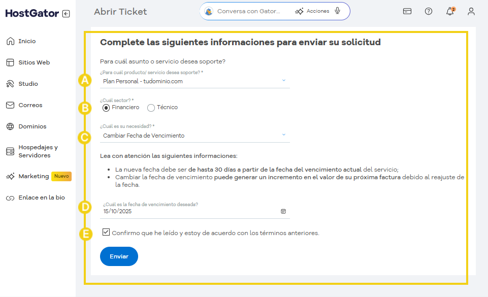 La imagen muestra la interfaz de formulario resaltada para abrir un ticket.