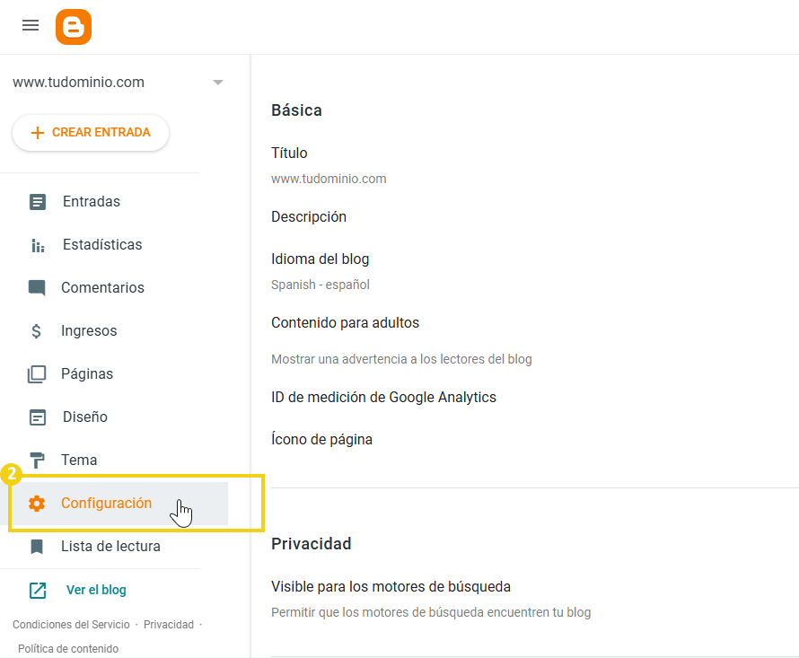 La imagen muestra la pantalla de administración de Blogger, resaltando la opción 'Configuración'
