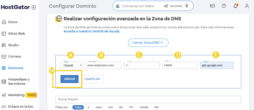 Imagen de la pantalla del portal del cliente, con la zona DNS abierta, resaltando las opciones de apuntamiento: tipo, nombre, clase, ttl, valor