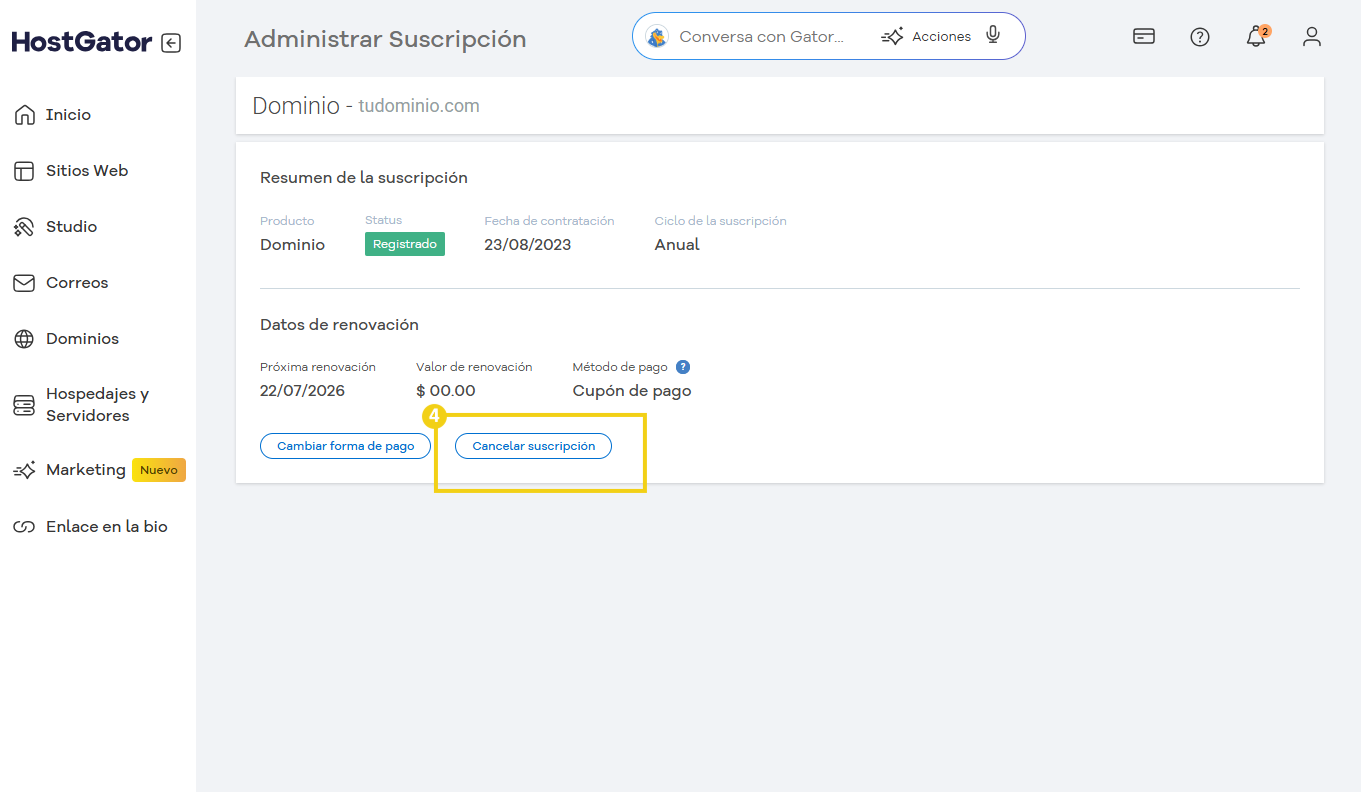 Imagen de la pantalla de administración de suscripción en HostGator mostrando opciones de cambiar pago y cancelar suscripción.