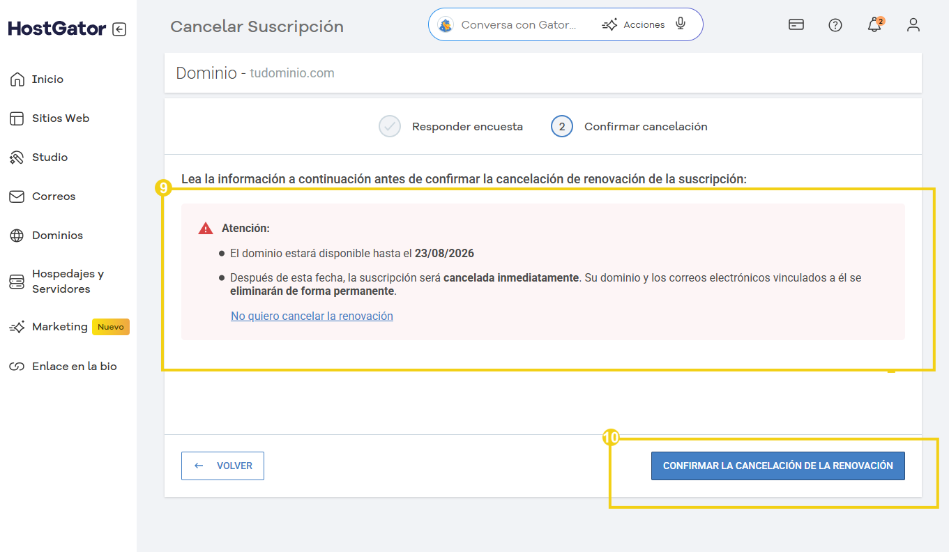 Imagen del panel de HostGator mostrando el proceso de cancelación de renovación de dominio, con destaque en el aviso de disponibilidad y botón para confirmar la cancelación.