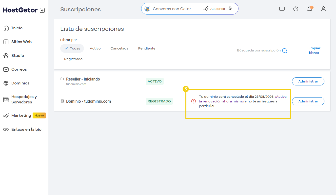 Pantalla de gestión de suscripciones en HostGator mostrando aviso de renovación de dominio y opciones de gestión.