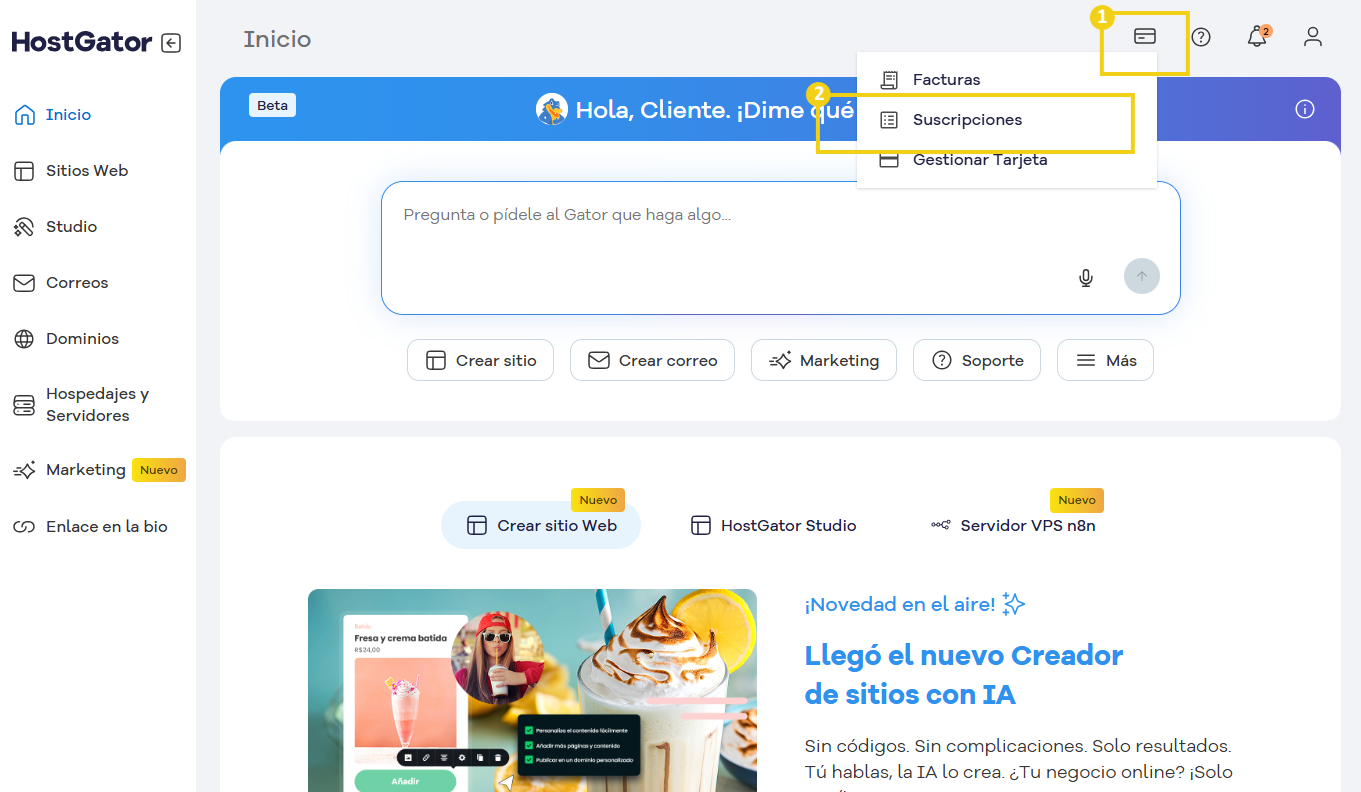Imagen del panel de HostGator mostrando opciones de facturación, suscripciones y administración de tarjeta de crédito, con destaque en el menú de navegación.