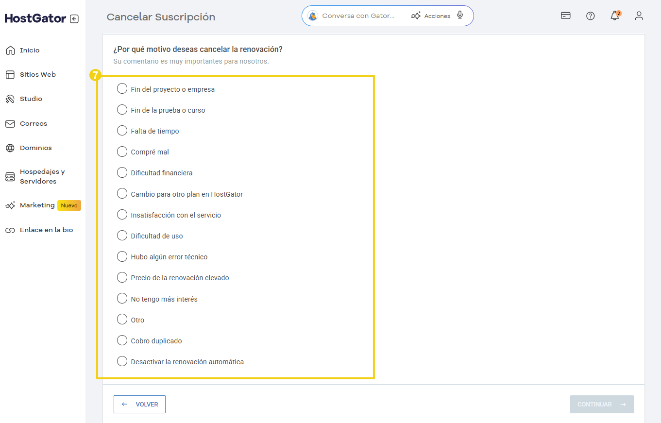 Página de cancelación de suscripción en el panel HostGator, destacando razones como falta de interés, cambio de plan y dificultades técnicas.