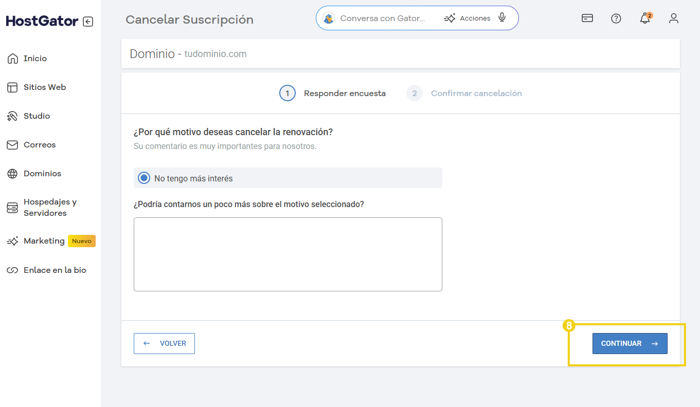 imagen del portal del cliente en la pantalla de cancelación de renovación, con el campo para describir el motivo de la cancelación