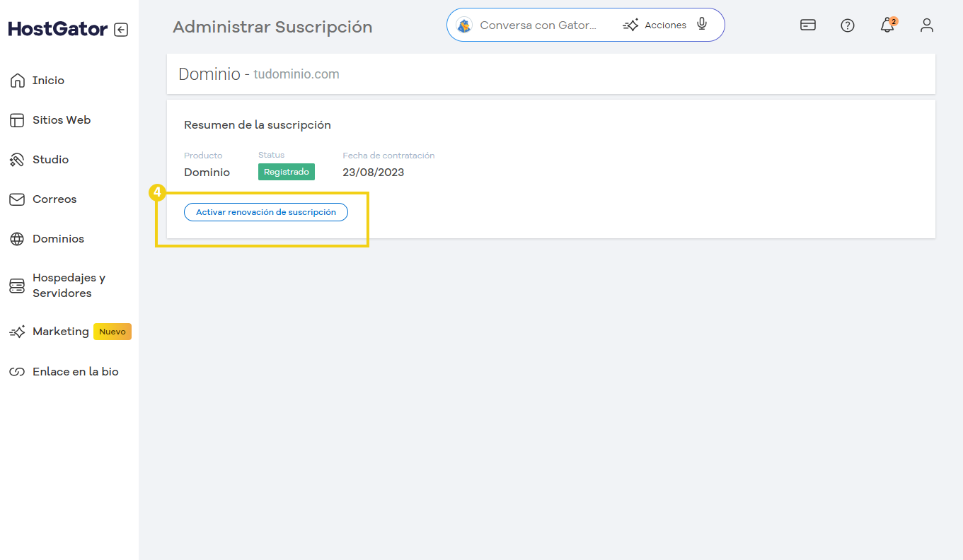 Imagen del panel de HostGator mostrando la opción de activar la renovación de la suscripción.
