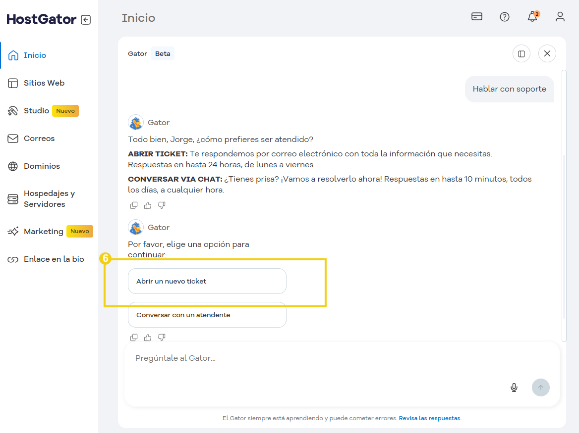 Captura del portal del cliente mostrando la conversa con Gator IA, destacando el boton del abrir un nuevo ticket