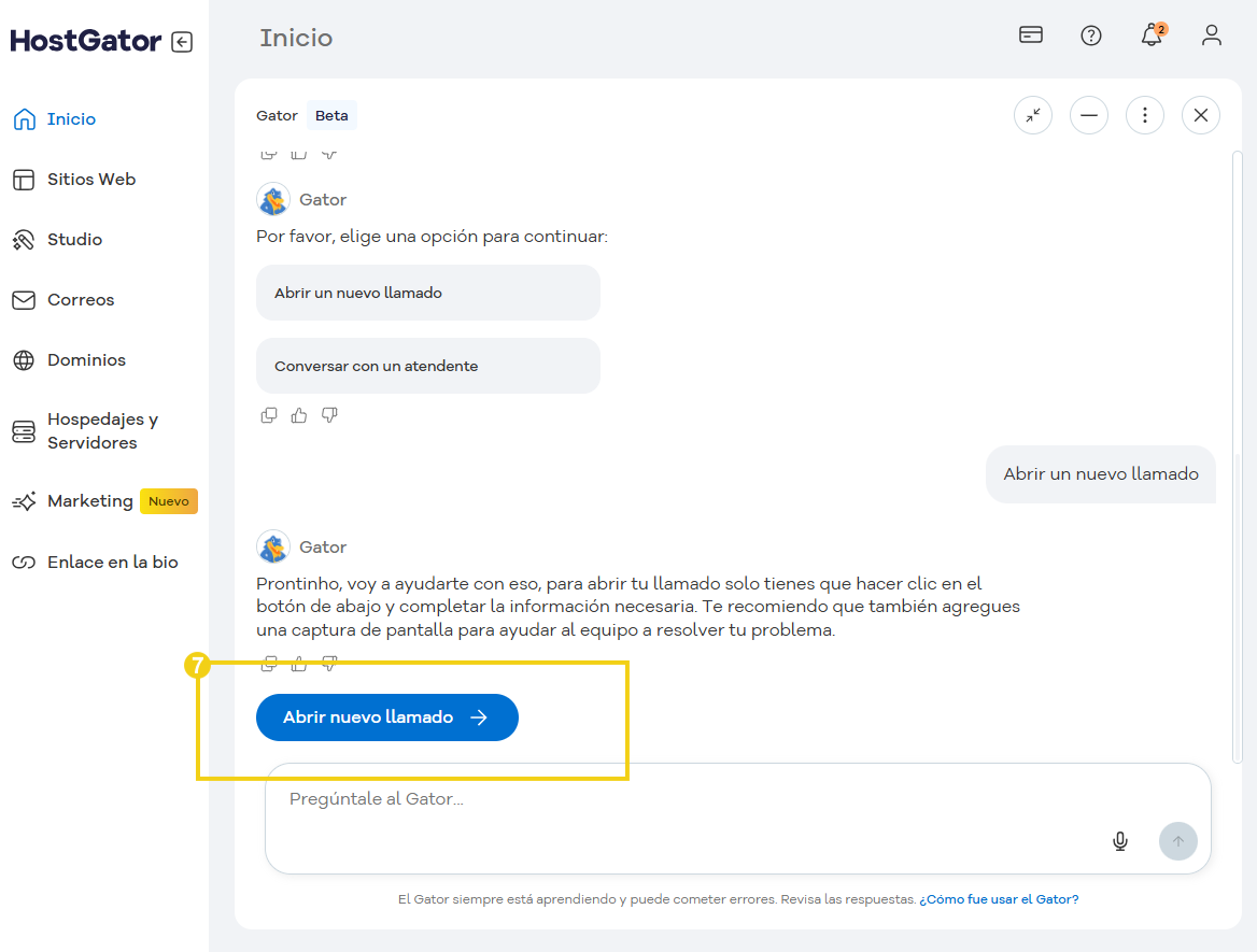 La imagen muestra la pantalla de conversación con Gator, resaltando el botón: abrir nuevo ticket