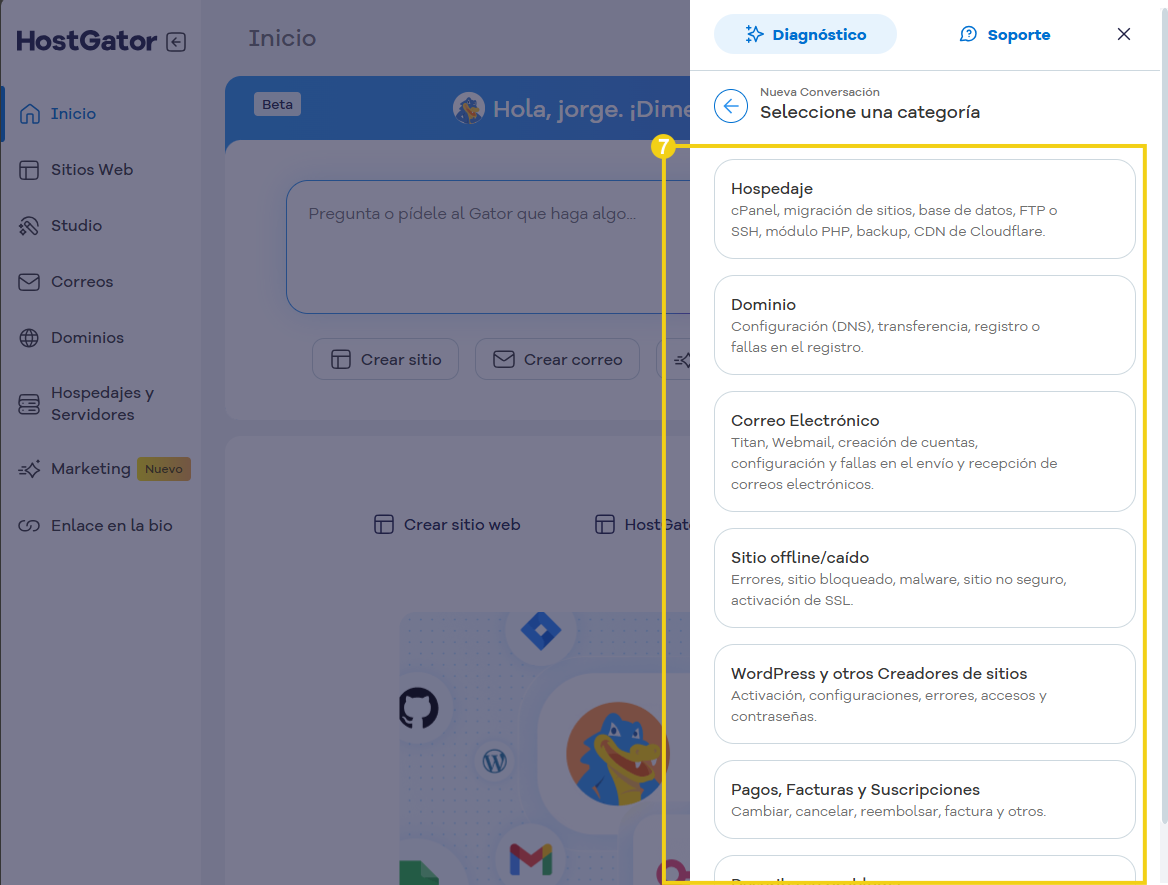 Pantalla del panel de servicio del portal HostGator con opciones de categorización para soporte de chat