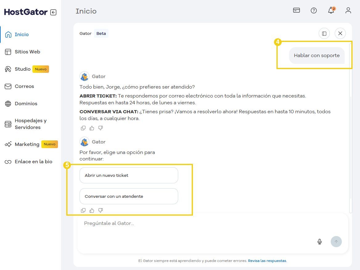 Captura de pantalla de una plataforma de soporte de HostGator, con secciones de atención al cliente y opciones de contacto, incluido chat y tickets.