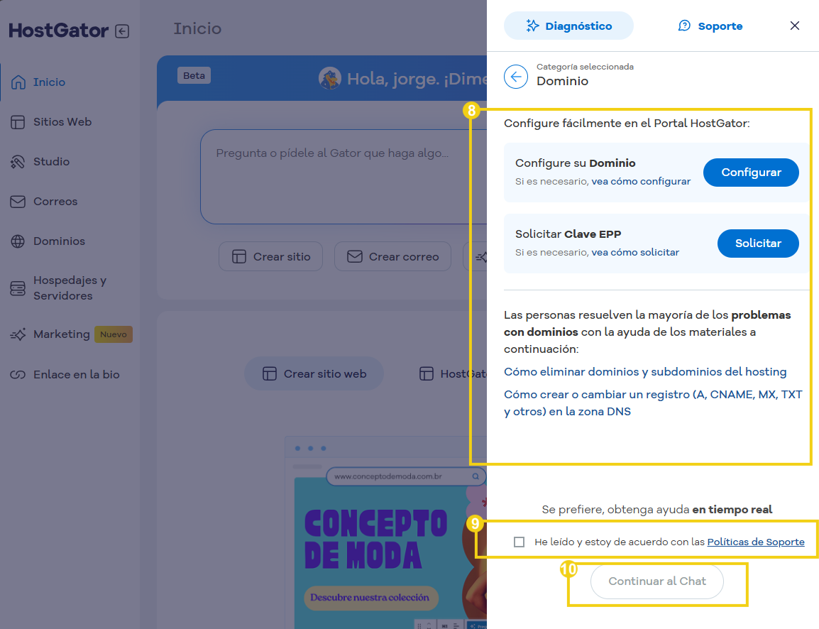 Pantalla del panel de control del portal HostGator que muestra la sección de servicio al cliente y la opción de iniciar una conversación