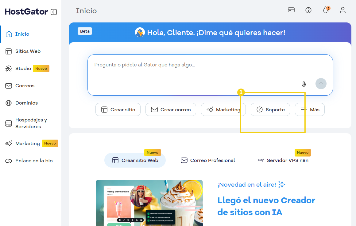  La imagen muestra la pantalla del Portal del cliente de HostGator, resaltando la opción "Soporte".