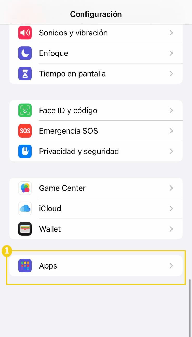 La imagen muestra la pantalla de configuración del iPhone, resaltando la opción Aplicaciones.