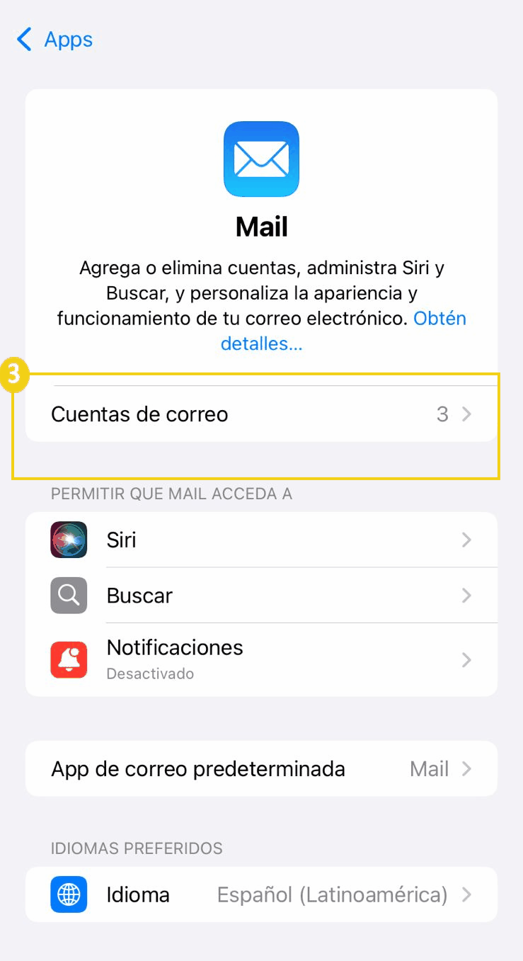 Pantalla de configuración de la aplicación de correo en teléfonos inteligentes, que muestra opciones para administrar y agregar cuentas de correo electrónico.