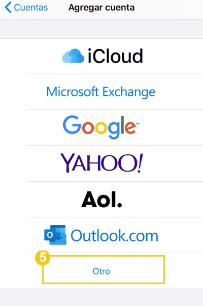 Pantalla de configuración de la aplicación Mail en el iPhone, en la sección de agregar cuenta, con énfasis en la opción "Otra".