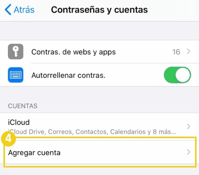 Pantalla de configuración de la aplicación de correo en iPhone, resaltando la opción "Agregar cuenta de correo"