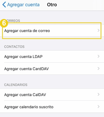 Pantalla de configuración de cuentas adicionales en un smartphone, incluyendo opciones para agregar cuenta de correo electrónico, LDAP, CardDAV y calendario.