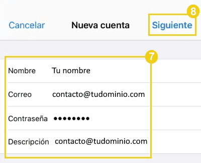 La imagen muestra el llenado de los campos con los datos de la cuenta de correo electrónico y, para finalizar, la indicación de hacer clic en el botón "Siguiente".