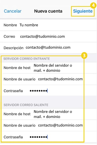 Imagen de la configuración de una cuenta de correo electrónico, que muestra las opciones Tipo de cuenta, Nombre, Correo electrónico y Descripción, con el foco puesto en la opción Siguiente