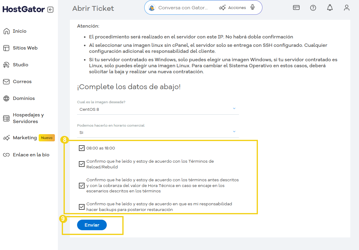 Imagen del panel de control de HostGator que muestra la configuración para cambiar el sistema operativo a Linux, incluida la hora, los términos y las opciones de copia de seguridad.