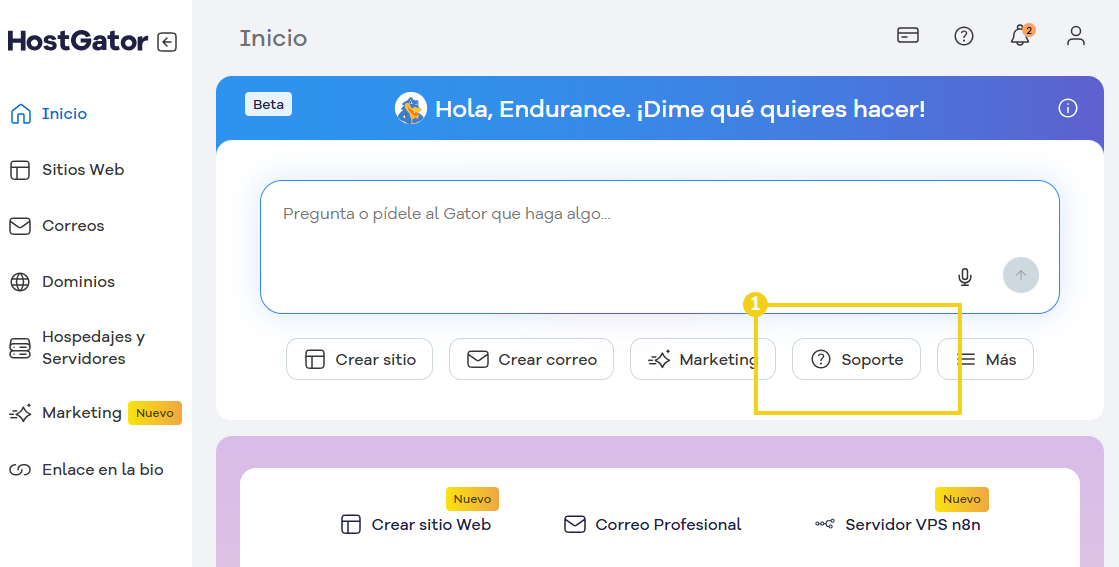  La imagen muestra la pantalla del Portal del cliente de HostGator, resaltando la opción "Soporte".