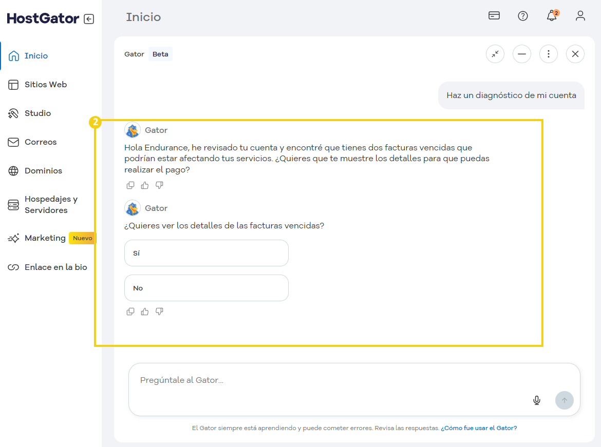 Imagen mostrando el resultado del diagnóstico de soporte