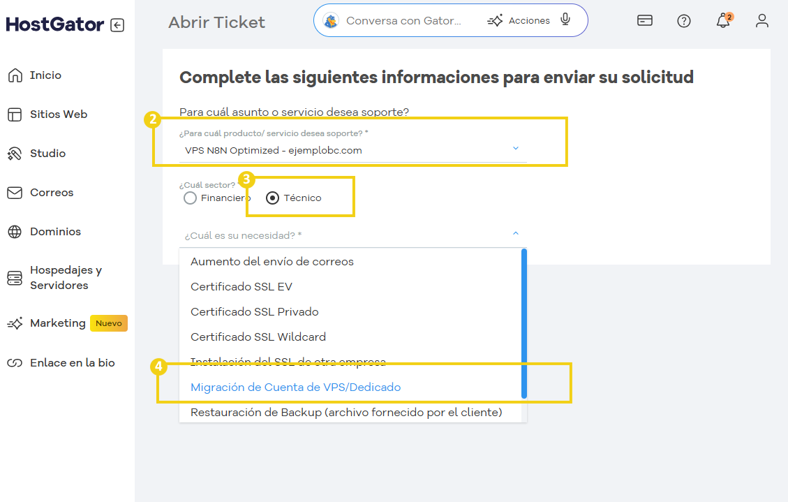  Captura de pantalla del panel de solicitud de soporte de HostGator, donde se selecciona la categoría "Técnico" para la migración de la cuenta VPS dedicada.