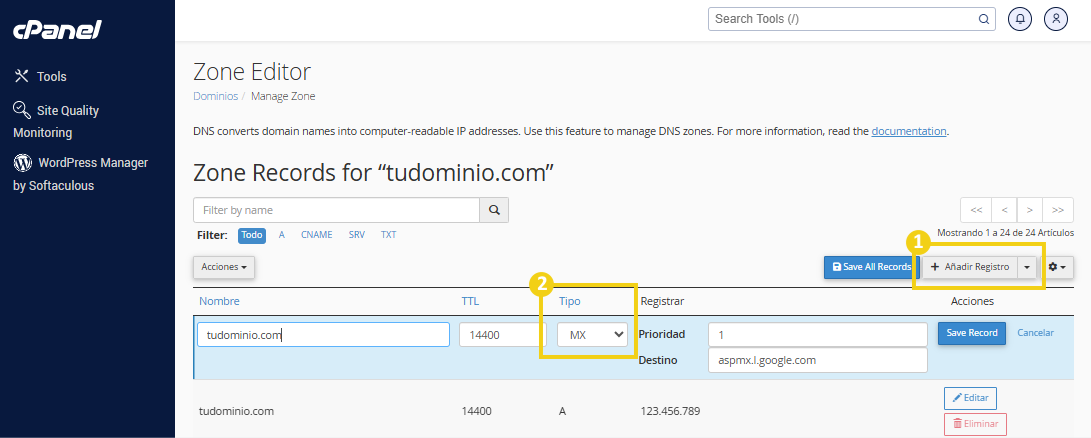 La imagen muestra la pantalla del panel cPanel en la opción de editor de zona, resaltando el registro anadir y la opción Tipo, con MX definido.