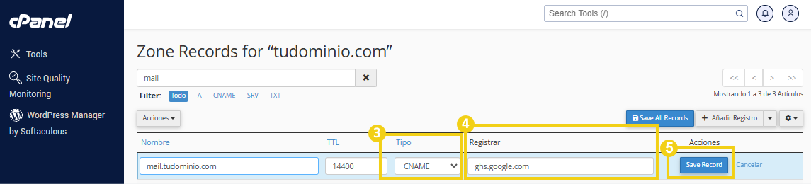 La imagen muestra la pantalla del panel de control de cPanel en la opción de editor de zonas, resaltando los campos "tipo" y "save record".