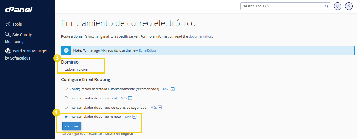 En la pantalla de enrutamiento de correo electrónico, resaltando la opción de intercambiador de correo electrónico remoto y arrancando para cambiar