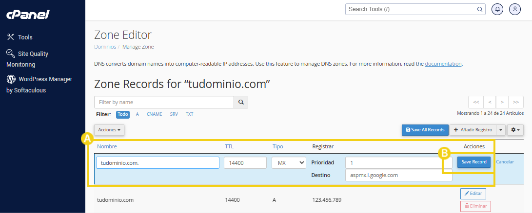 La imagen muestra la pantalla del panel cPanel en la opción de editor de zona, con campos de registro agregados y resaltados en el registro guardado.