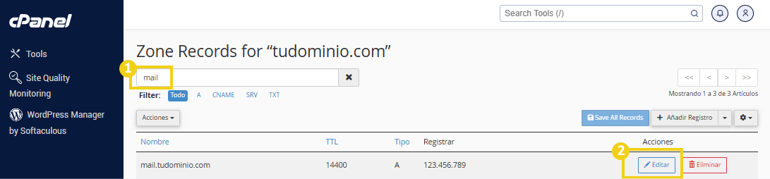La imagen muestra la pantalla del panel cPanel en la opción de editor de zona, resaltando el campo de búsqueda con la palabra "mail" escrita.