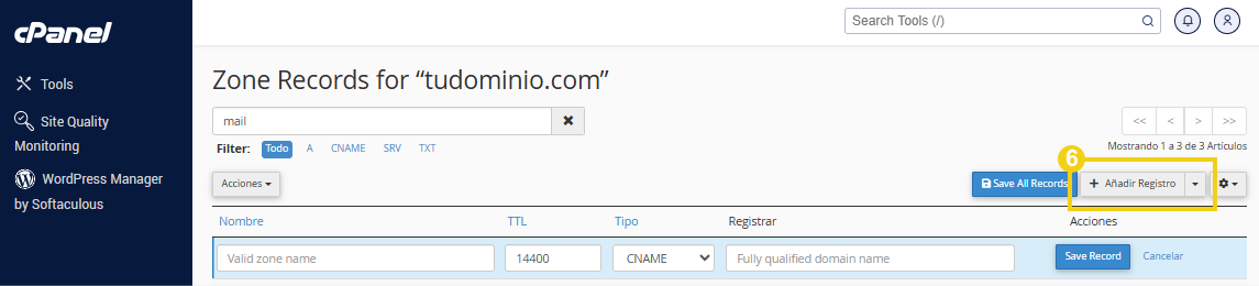 La imagen muestra la pantalla del panel de control de cPanel en la opción de editor de zona, resaltando el botón + anadir registro.