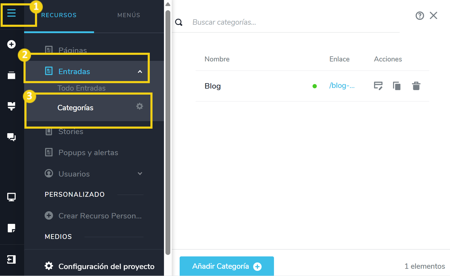 La imagen muestra la pantalla del editor de sitios con las marcas para acceder al editor del blog