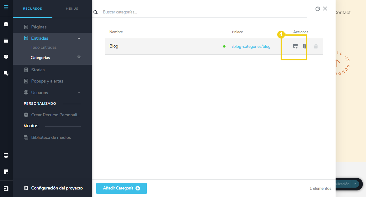 La imagen muestra la pantalla del editor de sitios con la marca en el botón con ícono de editar
