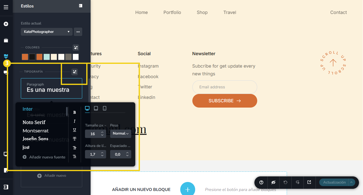 Imagen muestra la pantalla de edición del blog, con la marcación en el recurso para cambiar la fuente del blog