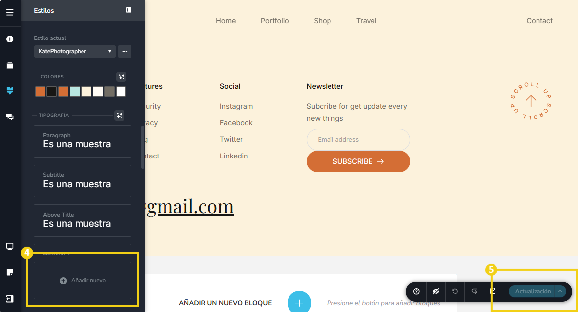 La imagen muestra la pantalla de edición del blog, con la marcación en el recurso para agregar un nuevo estilo de fuente y al concluir las ediciones la marcación en el botón "Actualizar"