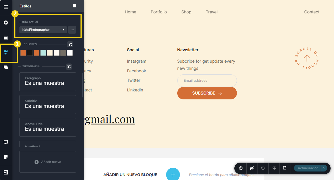 Imagen muestra la pantalla de edición del blog, con la marcación en el recurso para cambiar el estilo del blog