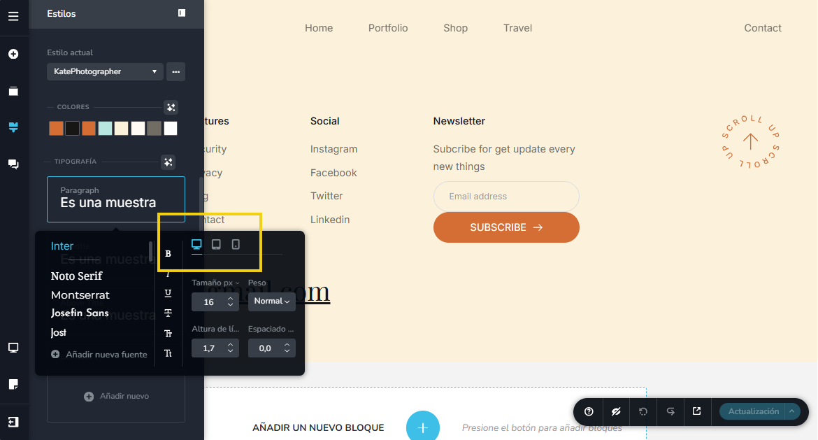 Imagen muestra la pantalla de edición del blog, con la marcación en el recurso para cambiar la fuente de acuerdo con el dispositivo