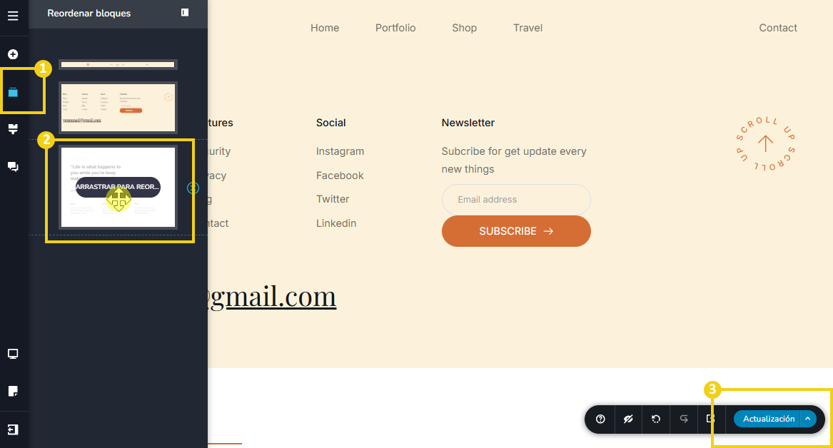 Imagen muestra la pantalla de edición del blog, con la marcación en el recurso para reordenar los bloques